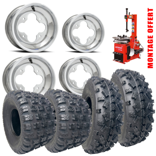 PACK 4 ROUES : JANTES DOUGLAS A5 SILVER / PNEUS OBOR DURS POUR QUAD YAMAHA